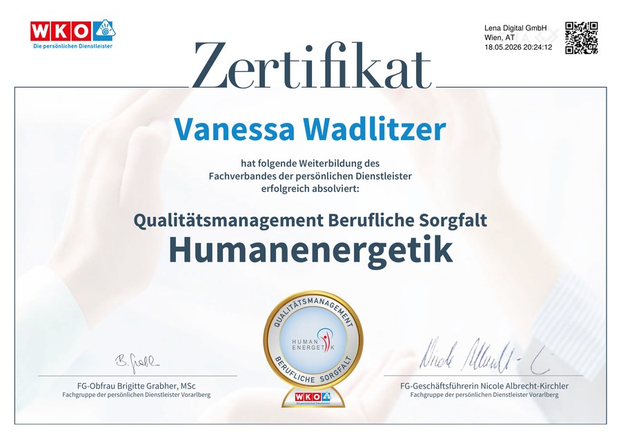 Zertifikat Qualitätsmanagement Berufliche Sorgfalt Humanenergetik, WKO Fachverband der persönlichen Dienstleister